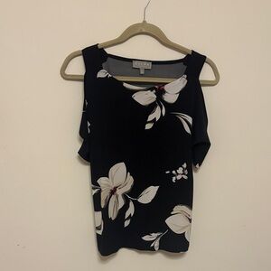 Laura NWOT Black Blouse with White Floral Pattern cold shoulder top casual basic